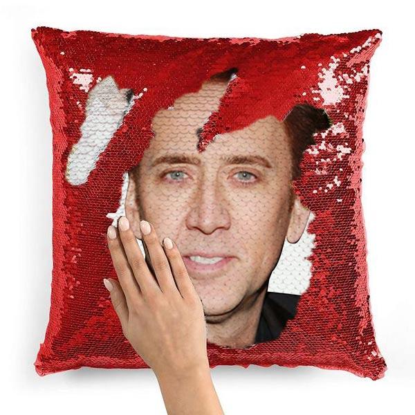 Nicolas Cage Funny Face Photo Sequin Pillow