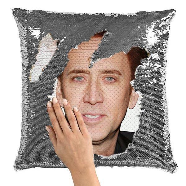 Nicolas Cage Funny Face Photo Sequin Pillow