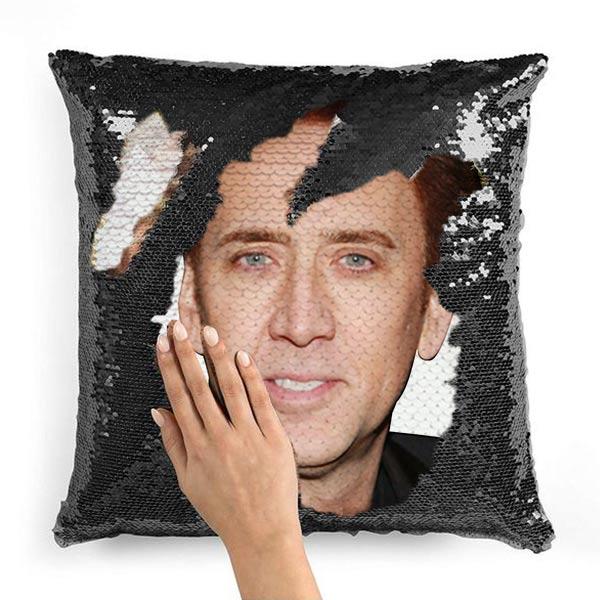 Nicolas Cage Funny Face Photo Sequin Pillow