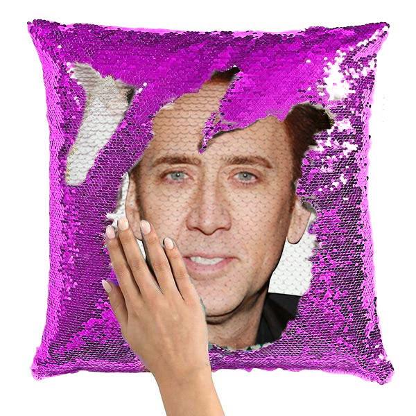 Nicolas Cage Funny Face Photo Sequin Pillow