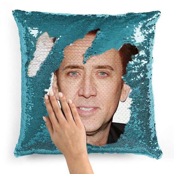 Nicolas Cage Funny Face Photo Sequin Pillow