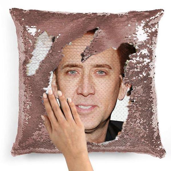 Nicolas Cage Funny Face Photo Sequin Pillow